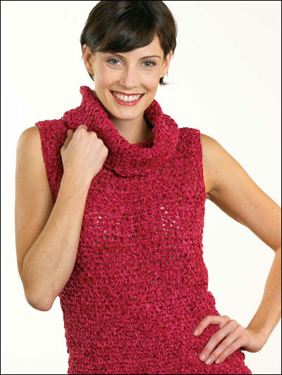 Red knit sweater with button accents and large crocheted cowl collar